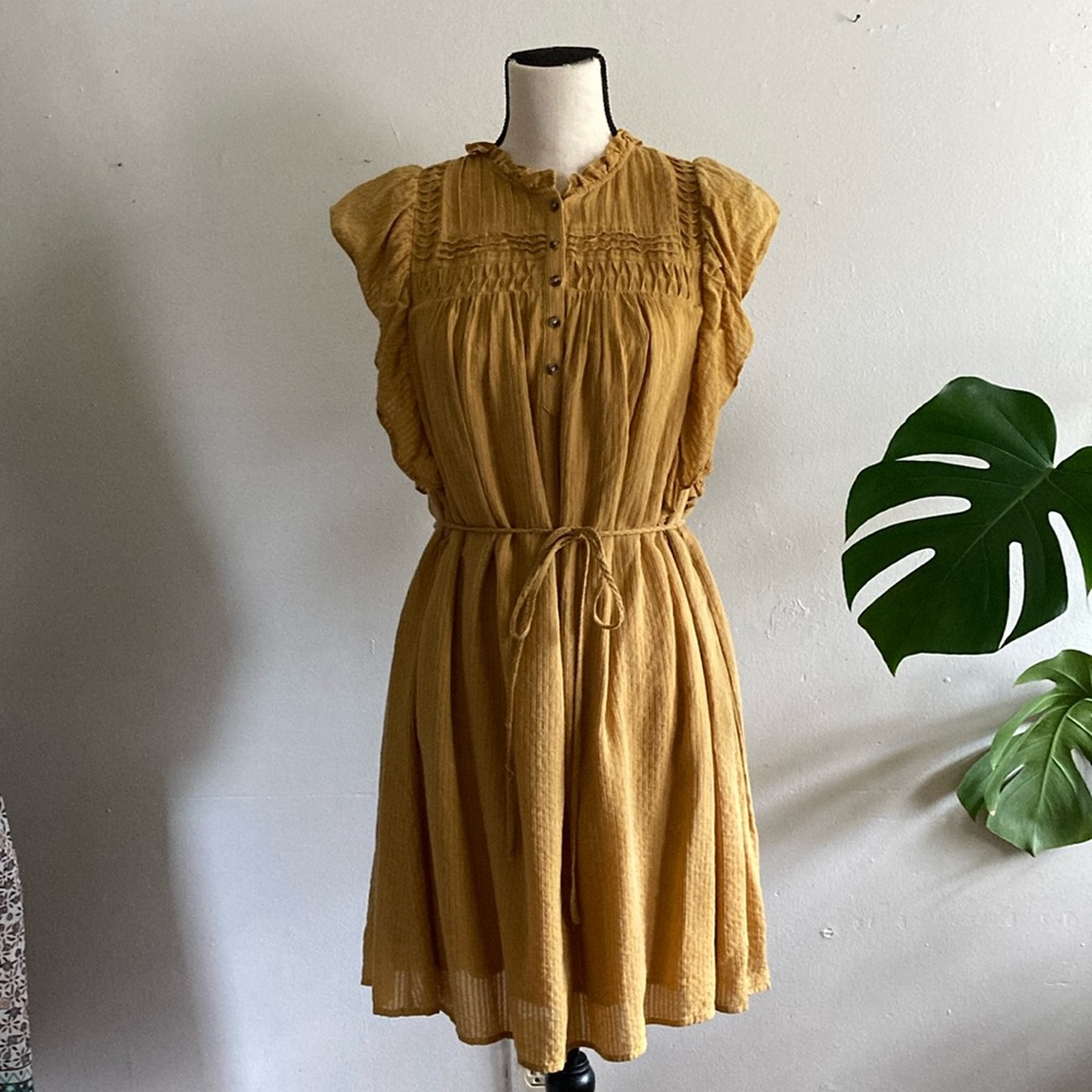 Ann Taylor LOFT Pintucked Ruffle Swing Dress Mustard Yellow Tie Waist size M